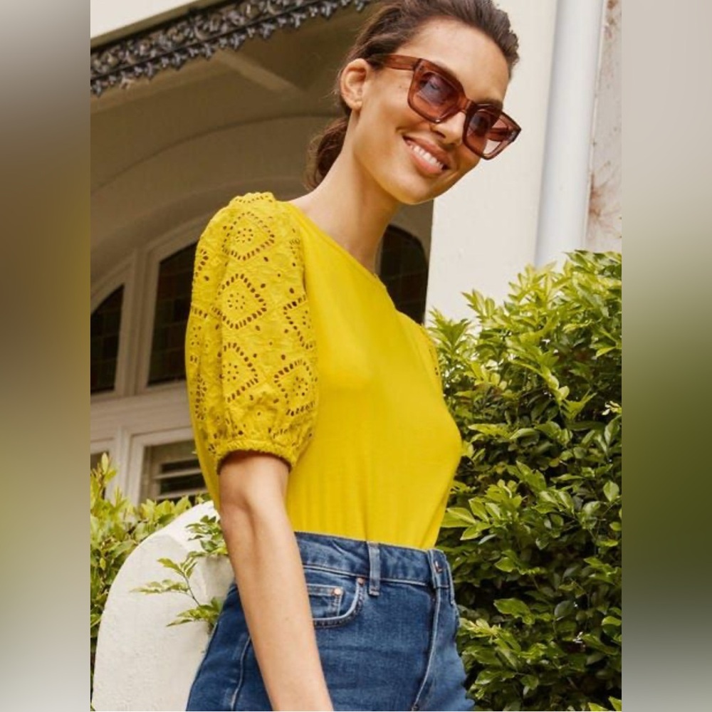 Boden Abigail Yellow Eyelet puff Sleeve Women's Top size 12